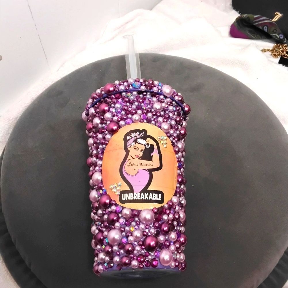 Hand crafted Lupus Worrior awareness cup 16oz purples NWOT